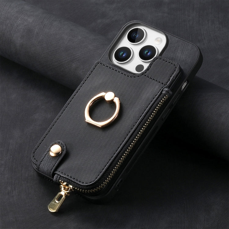 For iPhone 16 Pro Cross Leather Ring Vertical Zipper Wallet Back Phone Case(Black) - More iPhone Cases by buy2fix | Online Shopping UK | buy2fix