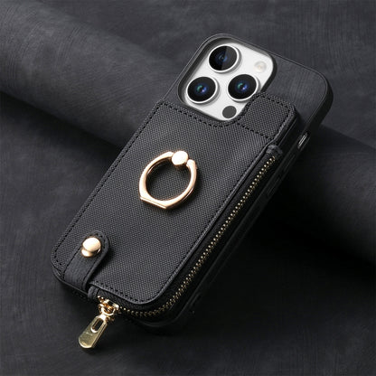 For iPhone 16 Pro Cross Leather Ring Vertical Zipper Wallet Back Phone Case(Black) - More iPhone Cases by buy2fix | Online Shopping UK | buy2fix