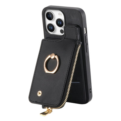 For iPhone 16 Pro Cross Leather Ring Vertical Zipper Wallet Back Phone Case(Black) - More iPhone Cases by buy2fix | Online Shopping UK | buy2fix