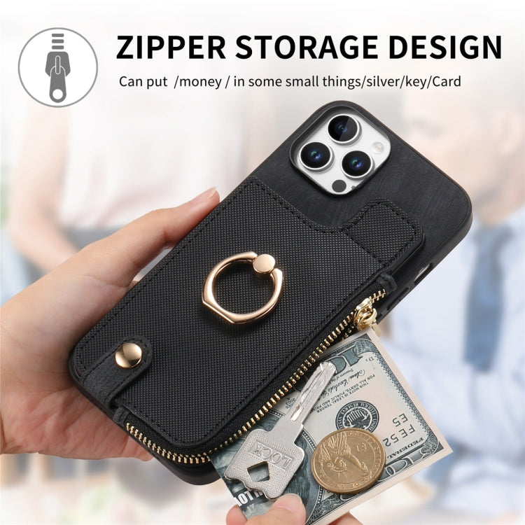 For iPhone 16 Pro Cross Leather Ring Vertical Zipper Wallet Back Phone Case(Black) - More iPhone Cases by buy2fix | Online Shopping UK | buy2fix