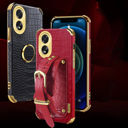 For OPPO A38 Electroplated Wrist Strap Crocodile Leather Back Phone Case(White) by buy2fix