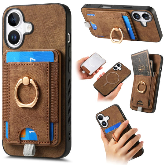 For  iPhone 16 Retro Splitable Magnetic Card Bag Leather Phone Case(Brown)