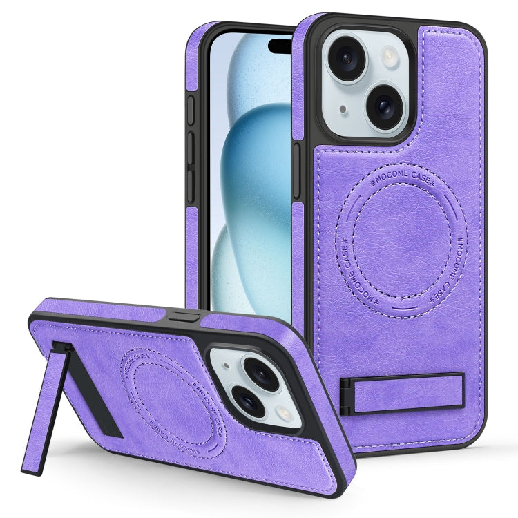 For iPhone 15 Multi-function Holder MagSafe PU Phone Case(Purple) - iPhone 15 Cases by buy2fix | Online Shopping UK | buy2fix