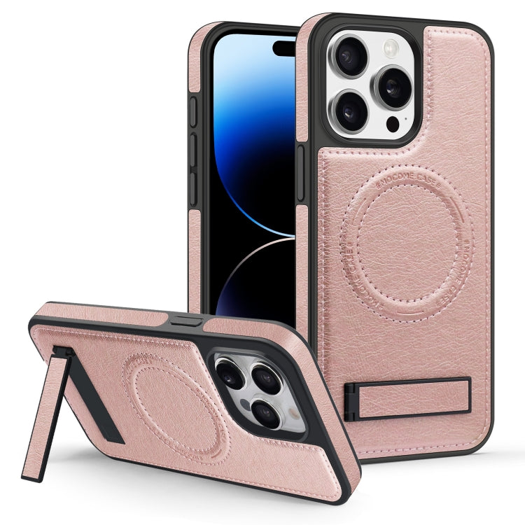 For iPhone 14 Pro Multi-function Holder MagSafe PU Phone Case(Rose Gold) - iPhone 14 Pro Cases by buy2fix | Online Shopping UK | buy2fix