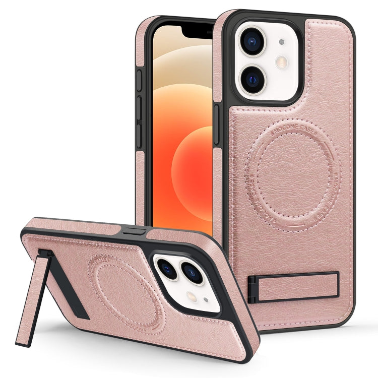 For iPhone 12 / 12 Pro Multi-function Holder MagSafe PU Phone Case(Rose Gold) by buy2fix