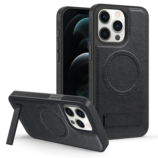 For iPhone 12 Pro Max Multi-function Holder MagSafe PU Phone Case(Black) by buy2fix