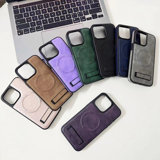 For iPhone 15 Multi-function Holder MagSafe PU Phone Case(Gray) by buy2fix