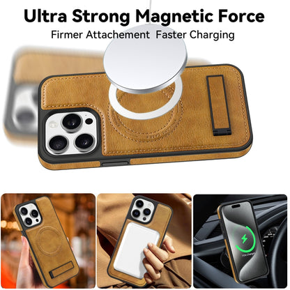 For iPhone 14 Plus Multi-function Holder MagSafe PU Phone Case(Brown) - iPhone 14 Plus Cases by buy2fix | Online Shopping UK | buy2fix