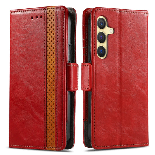 For Samsung Galaxy S25 5G CaseNeo Splicing Dual Magnetic Buckle Leather Phone Case(Red) by CaseNeo