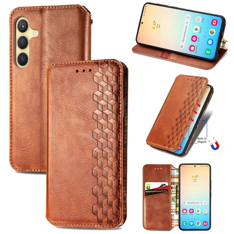 For Samsung Galaxy S25 5G Cubic Grid Pressed Magnetic Leather Phone Case(Brown) by buy2fix