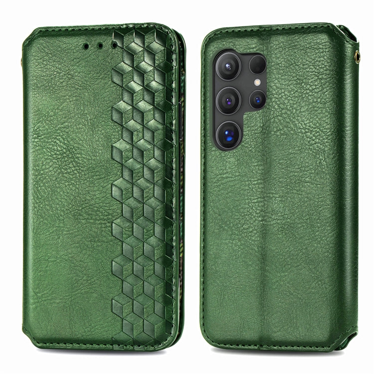 For Samsung Galaxy S24 Ultra 5G Cubic Grid Pressed Magnetic Leather Phone Case(Green) - Galaxy S24 Ultra 5G Cases by buy2fix | Online Shopping UK | buy2fix