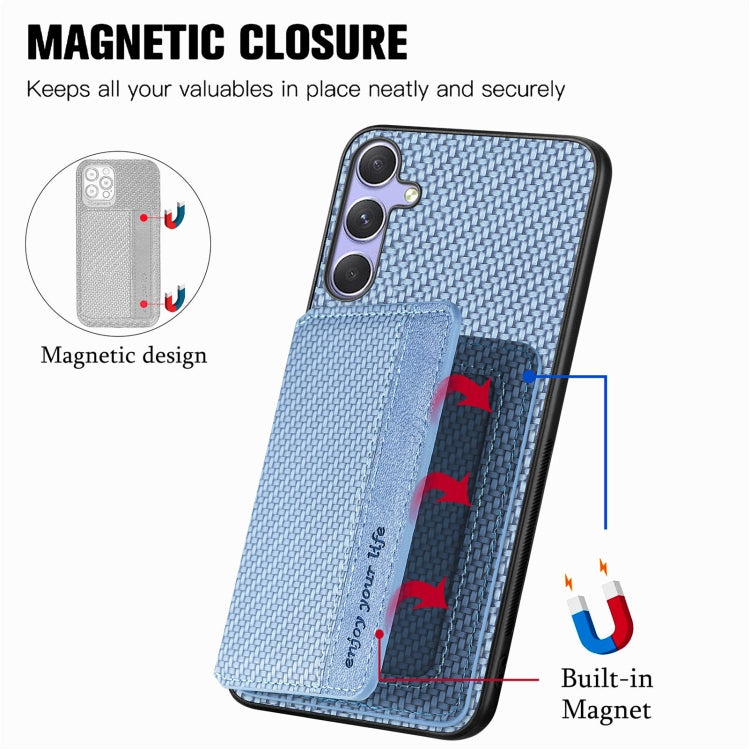 For Samsung Galaxy S25 5G Carbon Fiber Magnetic Card Wallet RFID Blocking Phone Case(Blue) by buy2fix