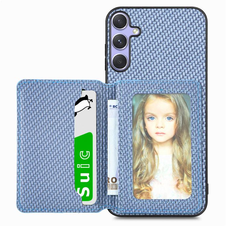 For Samsung Galaxy S25 5G Carbon Fiber Magnetic Card Wallet RFID Blocking Phone Case(Blue) by buy2fix