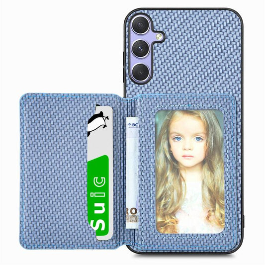 For Samsung Galaxy S25 5G Carbon Fiber Magnetic Card Wallet RFID Blocking Phone Case(Blue) by buy2fix