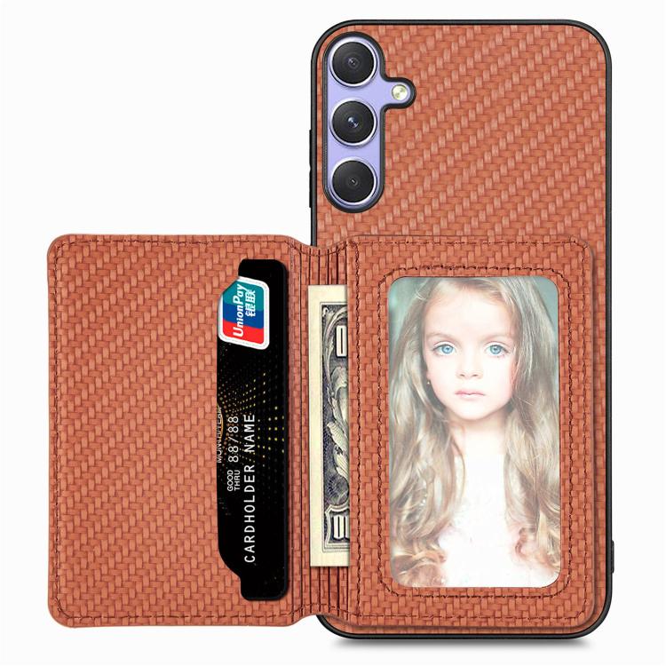 For Samsung Galaxy S25 5G Carbon Fiber Magnetic Card Wallet RFID Blocking Phone Case(Brown) by buy2fix