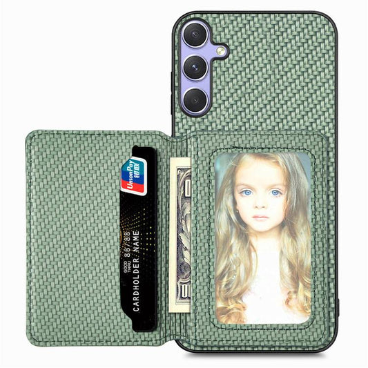 For Samsung Galaxy S25 5G Carbon Fiber Magnetic Card Wallet RFID Blocking Phone Case(Green) by buy2fix