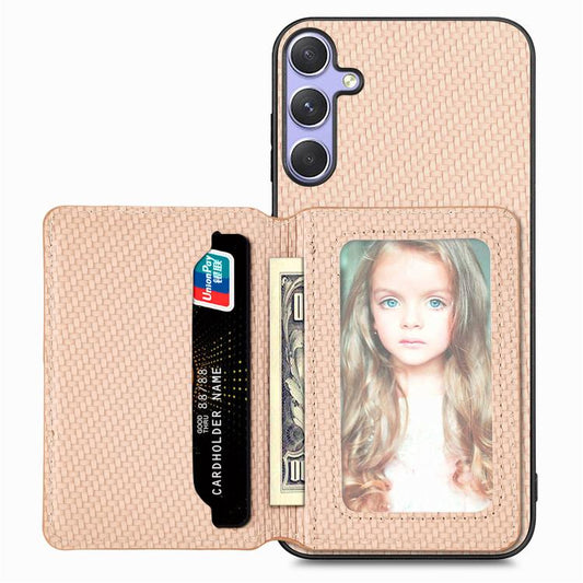 For Samsung Galaxy S25 5G Carbon Fiber Magnetic Card Wallet RFID Blocking Phone Case(Khaki) by buy2fix