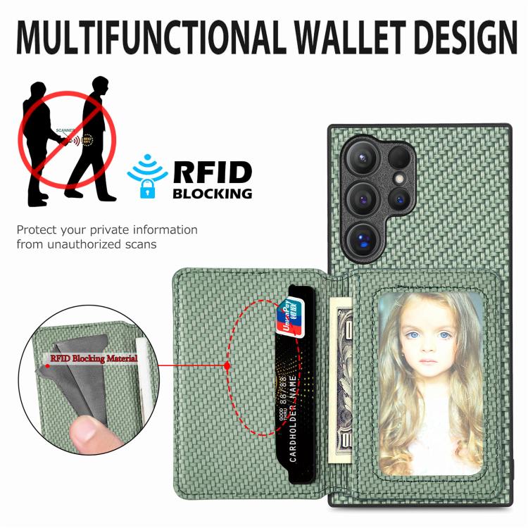 For Samsung Galaxy S25+ 5G Carbon Fiber Magnetic Card Wallet RFID Blocking Phone Case(Green) by buy2fix