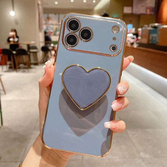 For iPhone 17 Pro Max Electroplating Love Heart Holder TPU Phone Case(Blue)