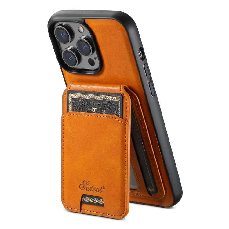 For iPhone 15 Plus Suteni H15 MagSafe Oil Eax Leather Detachable Wallet Back Phone Case(Khaki) by Suteni