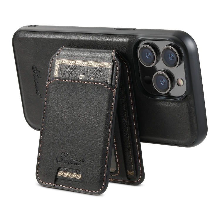 For iPhone 14 Suteni H15 MagSafe Oil Eax Leather Detachable Wallet Back Phone Case(Black) by Suteni