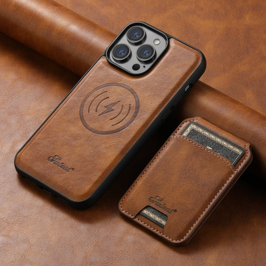 For iPhone 14 Suteni H15 MagSafe Oil Eax Leather Detachable Wallet Back Phone Case(Brown) by Suteni