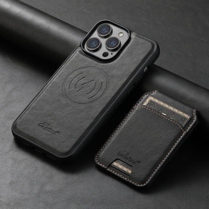 For iPhone 14 Pro Suteni H15 MagSafe Oil Eax Leather Detachable Wallet Back Phone Case(Black) by Suteni