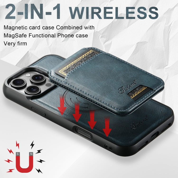For iPhone 16 Suteni H15 MagSafe Oil Eax Leather Detachable Wallet Back Phone Case(Blue) by Suteni