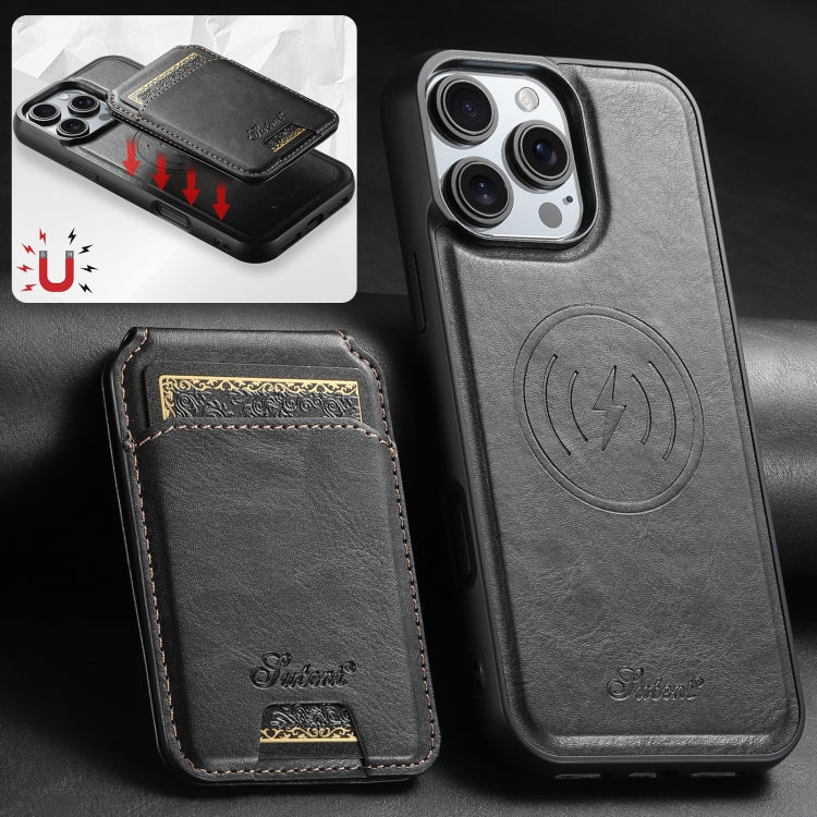 For iPhone 16 Pro Suteni H15 MagSafe Oil Eax Leather Detachable Wallet Back Phone Case(Black) by Suteni