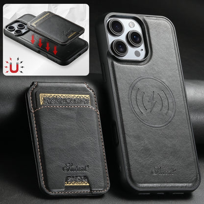 For iPhone 16 Pro Suteni H15 MagSafe Oil Eax Leather Detachable Wallet Back Phone Case(Black) by Suteni