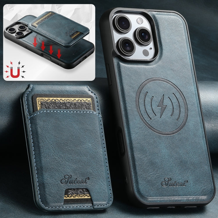 For iPhone 16 Pro Suteni H15 MagSafe Oil Eax Leather Detachable Wallet Back Phone Case(Blue) by Suteni