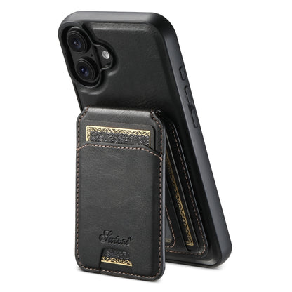 For iPhone 16 Plus Suteni H15 MagSafe Oil Eax Leather Detachable Wallet Back Phone Case(Black) by Suteni