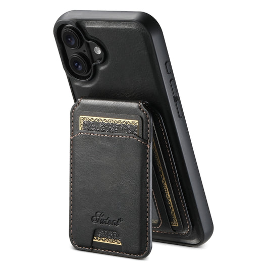 For iPhone 16 Plus Suteni H15 MagSafe Oil Eax Leather Detachable Wallet Back Phone Case(Black) by Suteni