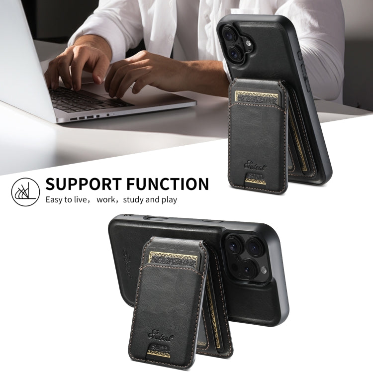 For iPhone 16 Plus Suteni H15 MagSafe Oil Eax Leather Detachable Wallet Back Phone Case(Black) by Suteni