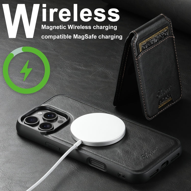 For iPhone 16 Plus Suteni H15 MagSafe Oil Eax Leather Detachable Wallet Back Phone Case(Black) by Suteni