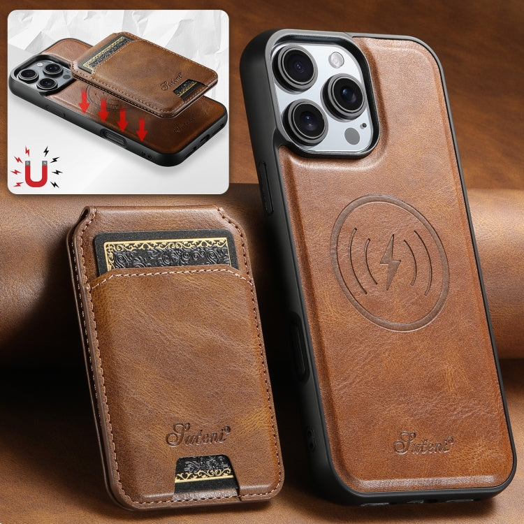For iPhone 16 Plus Suteni H15 MagSafe Oil Eax Leather Detachable Wallet Back Phone Case(Brown) by Suteni
