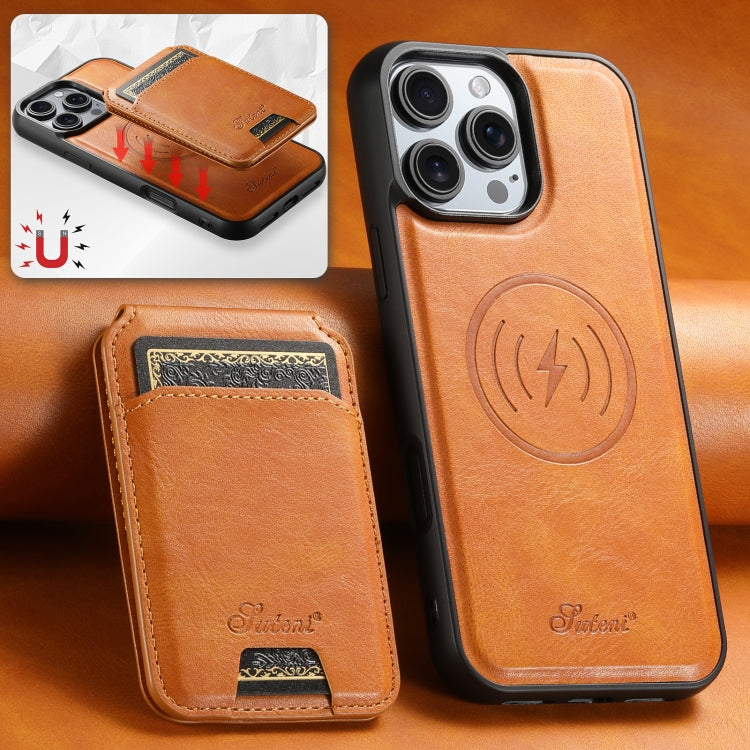For iPhone 16 Plus Suteni H15 MagSafe Oil Eax Leather Detachable Wallet Back Phone Case(Khaki) by Suteni