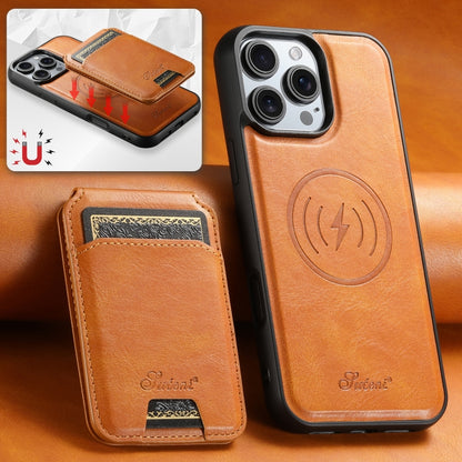 For iPhone 16 Plus Suteni H15 MagSafe Oil Eax Leather Detachable Wallet Back Phone Case(Khaki) by Suteni