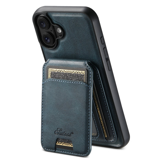 For iPhone 16 Plus Suteni H15 MagSafe Oil Eax Leather Detachable Wallet Back Phone Case(Blue) by Suteni