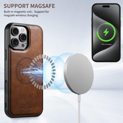 For iPhone 16e Suteni H15 MagSafe Oil Eax Leather Detachable Wallet Back Phone Case(Brown) - iPhone 16e Cases by Suteni | Online Shopping UK | buy2fix