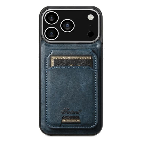 For iPhone 17 Pro Max Suteni H15 MagSafe Oil Eax Leather Detachable Wallet Back Phone Case(Blue)