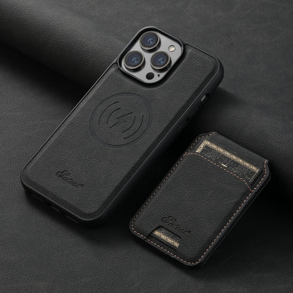 For iPhone 15 Suteni H16 Litchi Texture Leather Detachable Wallet Back Phone Case(Black) - iPhone 15 Cases by Suteni | Online Shopping UK | buy2fix