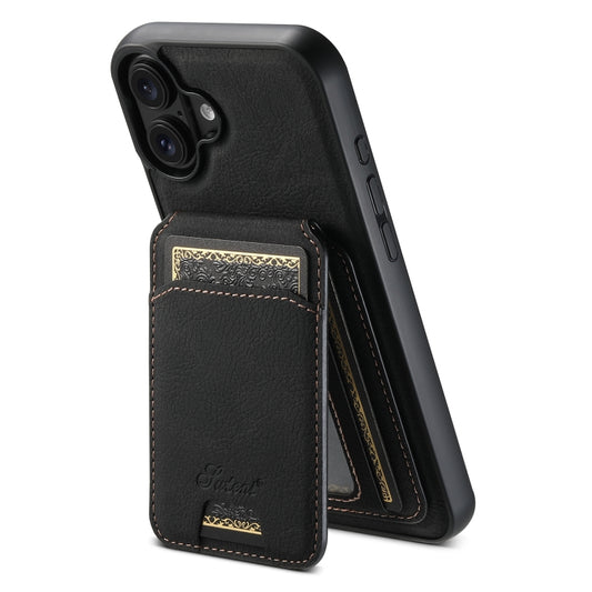 For iPhone 16 Plus Suteni H16 Litchi Texture Leather Detachable Wallet Back Phone Case(Black) by Suteni