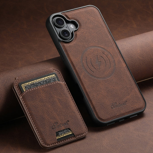 For iPhone 16 Plus Suteni H16 Litchi Texture Leather Detachable Wallet Back Phone Case(Brown) by Suteni