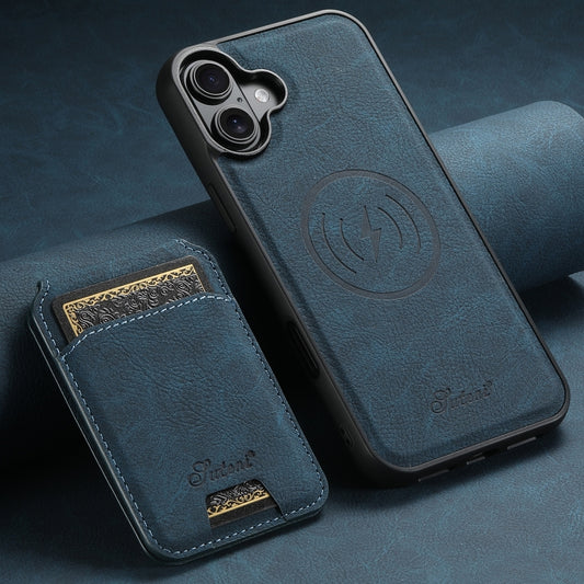 For iPhone 16 Plus Suteni H16 Litchi Texture Leather Detachable Wallet Back Phone Case(Blue) by Suteni