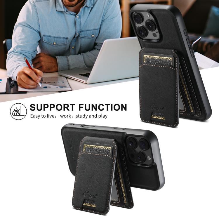 For iPhone 16e Suteni H16 Litchi Texture Leather Detachable Wallet Back Phone Case(Black) - iPhone 16e Cases by Suteni | Online Shopping UK | buy2fix