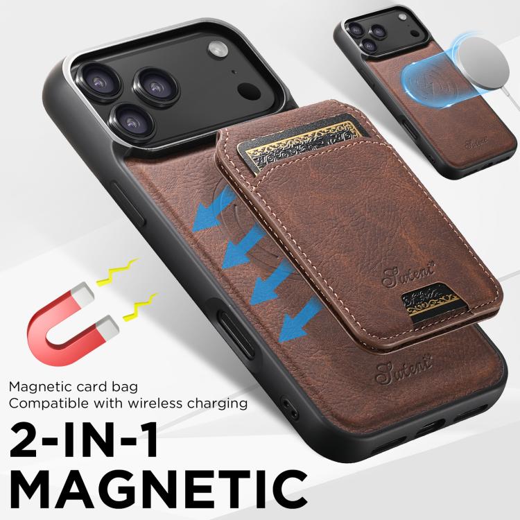 For iPhone 17 Suteni H16 Litchi Texture Leather Detachable Wallet Back Phone Case(Brown) - iPhone 17 Cases by Suteni | Online Shopping UK | buy2fix