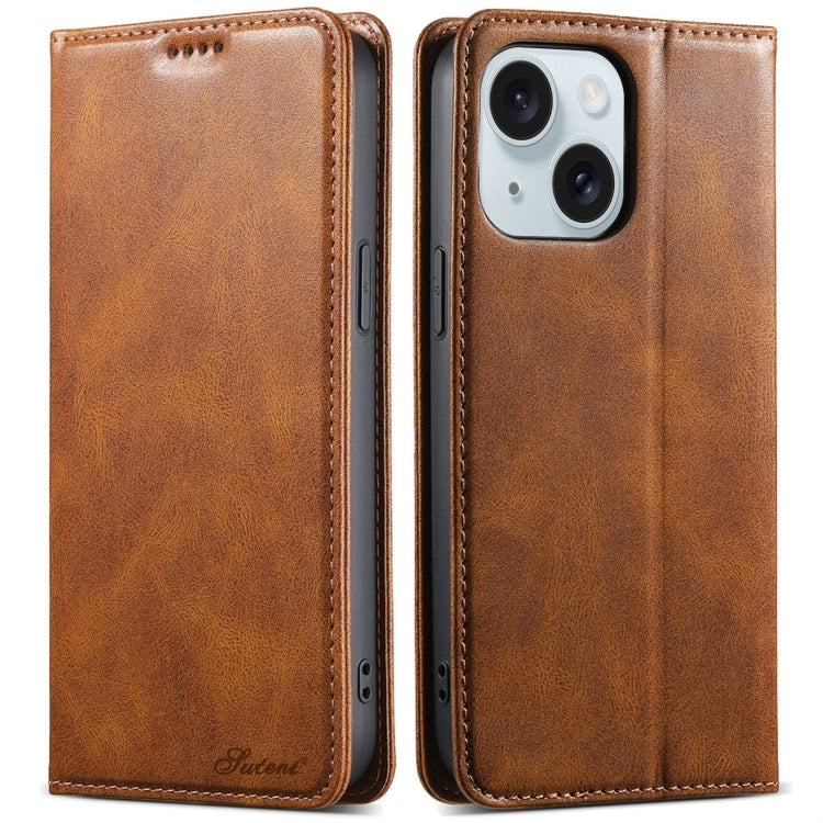 For iPhone 15 Plus Suteni J02 Oil Wax Wallet Leather Phone Case(Brown) - iPhone 15 Plus Cases by Suteni | Online Shopping UK | buy2fix