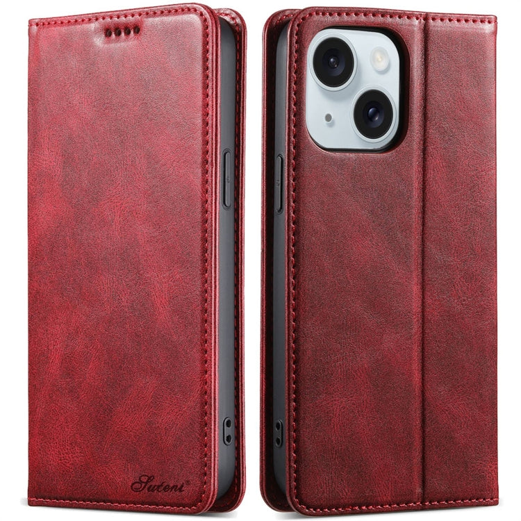 For iPhone 15 Plus Suteni J02 Oil Wax Wallet Leather Phone Case(Red) - iPhone 15 Plus Cases by Suteni | Online Shopping UK | buy2fix