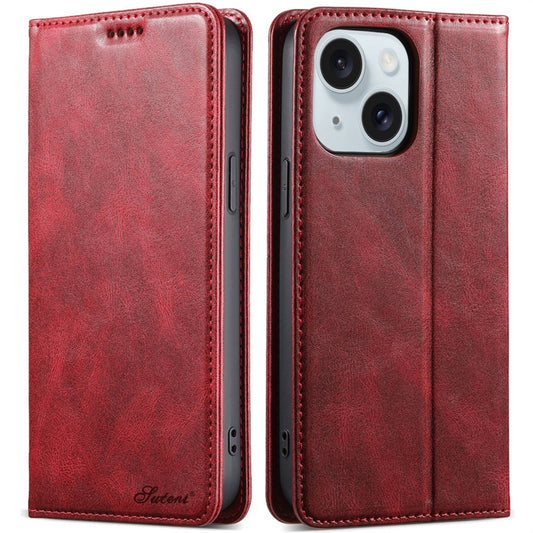 For iPhone 15 Plus Suteni J02 Oil Wax Wallet Leather Phone Case(Red) - iPhone 15 Plus Cases by Suteni | Online Shopping UK | buy2fix